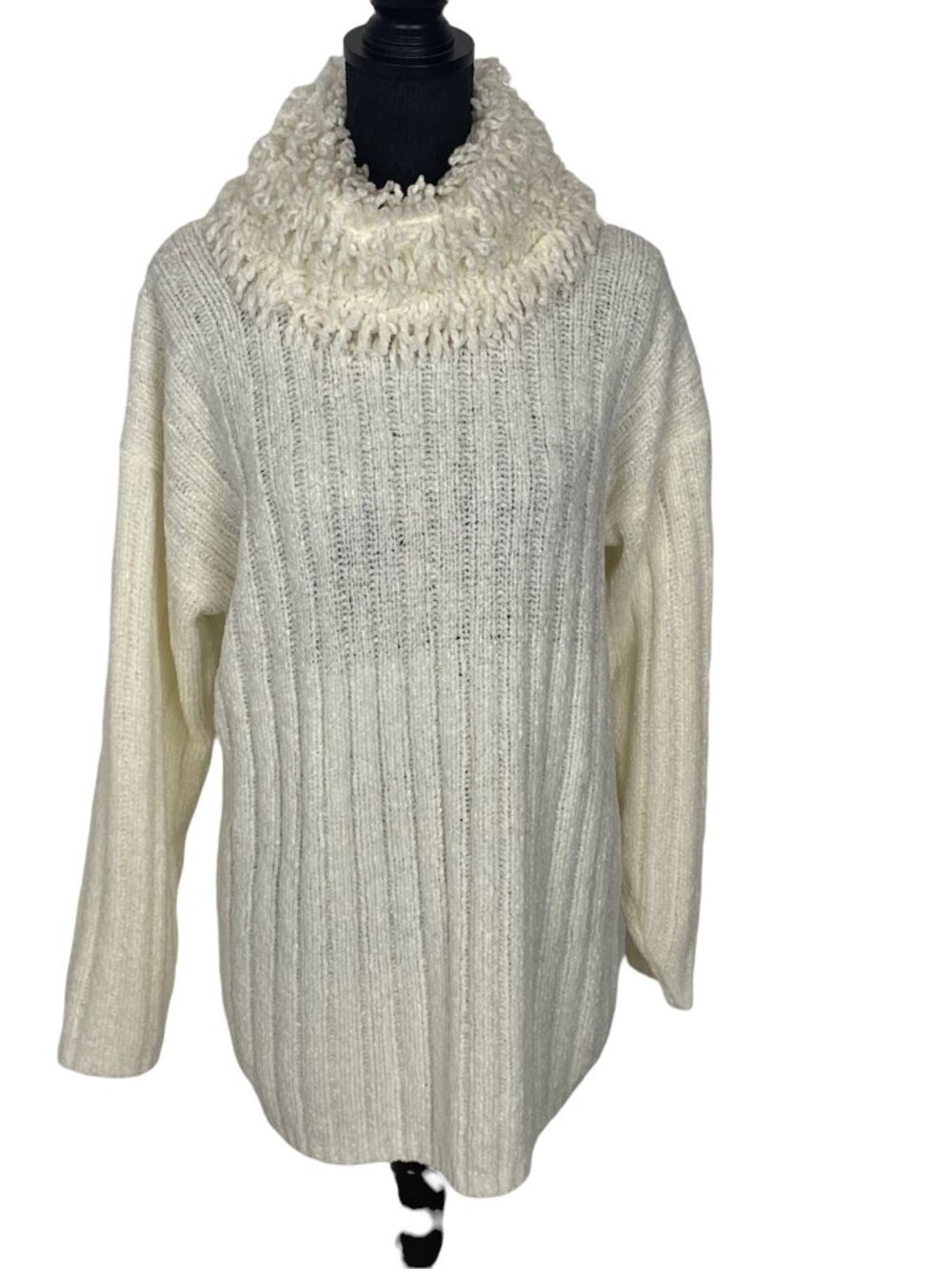 CARDUCCI Women Long Sleeve Fringed Turtleneck Pullover Sweater Sz S Ivory 17-4